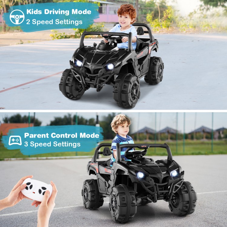 Kids driving mode 12V electric vehicle in black, featuring 2 speed settings and LED headlights for safe outdoor fun.