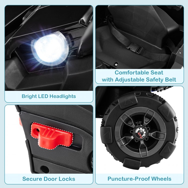 Bright LED headlights, secure door locks, and puncture-proof wheels on a 12V battery-powered electric vehicle for kids.