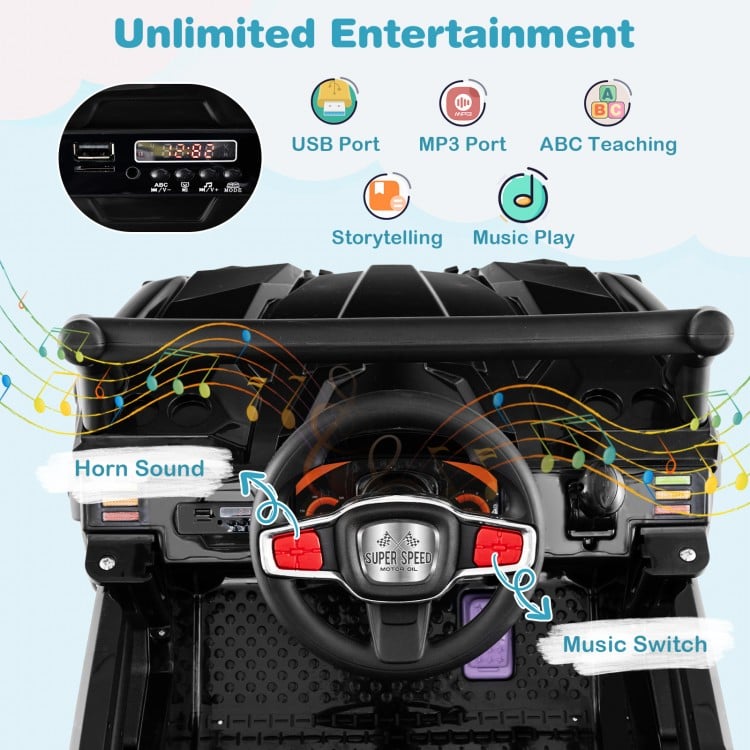Steering wheel detail of the 12V electric vehicle with music switch and horn sound for kids' entertainment.