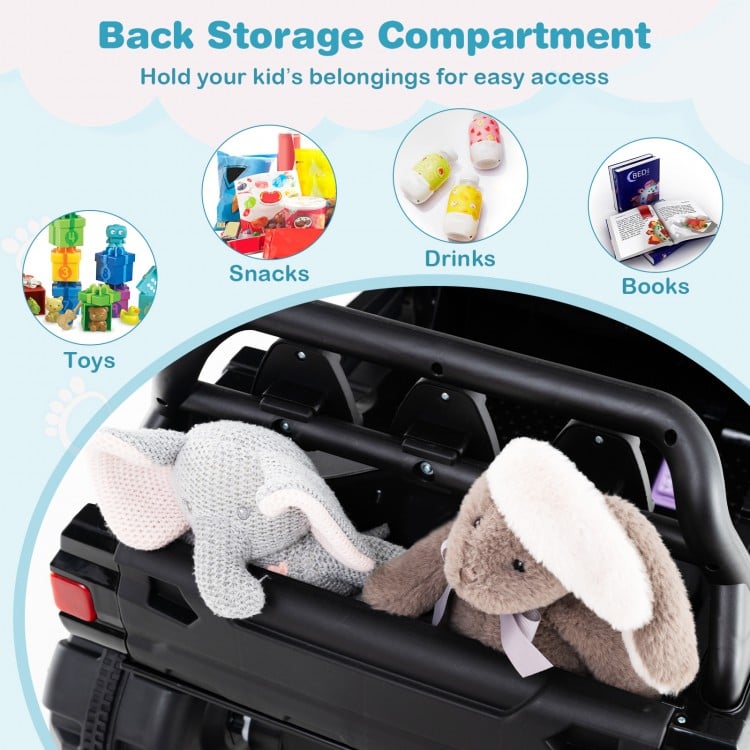 Back storage compartment of a 12V electric vehicle, holding toys and snacks for easy access during playtime.