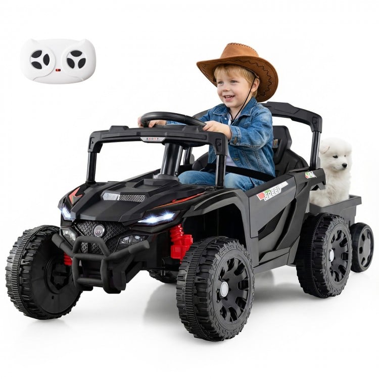 Battery-powered ride-on tractor in dark gray with parent remote control, featuring a detachable trailer for fun.