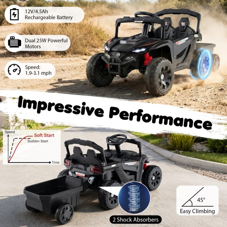 12V battery powered ride-on tractor in dark gray with parent remote control, dual motors, and detachable trailer for.