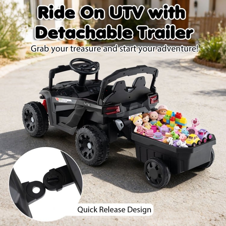 Ride-on UTV in dark gray with detachable trailer, featuring parent remote control and 12V battery for adventurous fun.