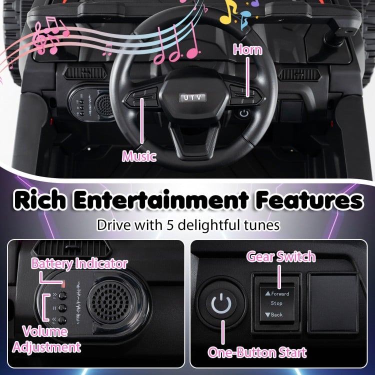 Dashboard view of the 12V battery powered ride-on tractor featuring music, gear switch, and battery indicator for kids'.