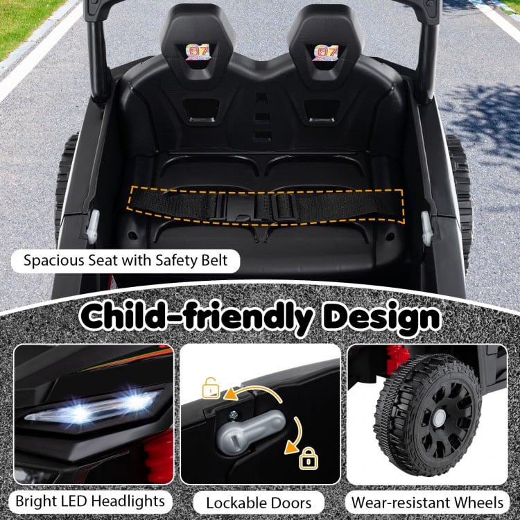 Spacious seat with safety belt and lockable doors on the 12V battery-powered ride-on tractor for child safety.