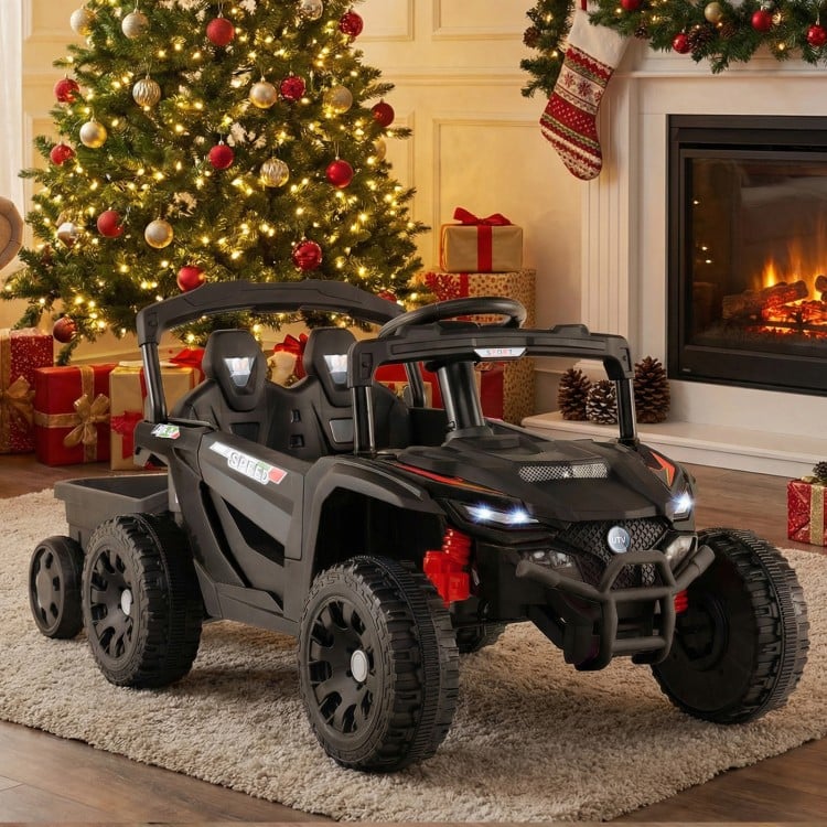 12V battery powered ride-on tractor in dark gray with parent remote control, perfect for kids' outdoor adventures.