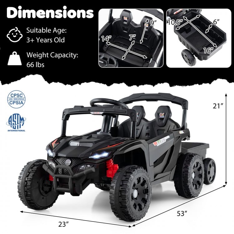 Dimensions of the 12V battery-powered ride-on tractor in dark gray, featuring a parent remote control and detachable.