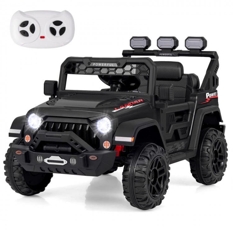 Electric kids ride-on truck in black with remote control, LED lights, and adjustable seat belt for safe outdoor fun.