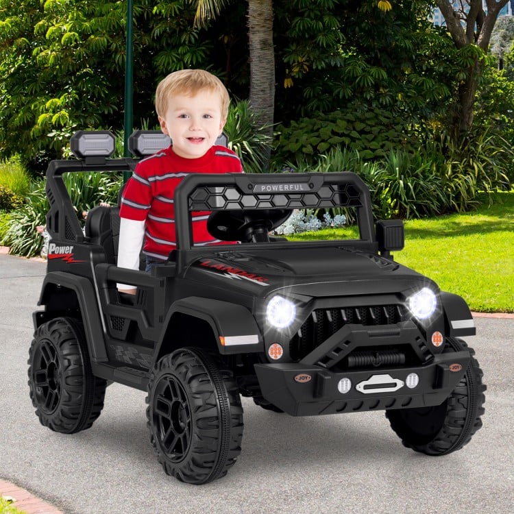 Black 12V electric kids ride-on truck with remote control, featuring LED lights and adjustable seat belt for safe fun.