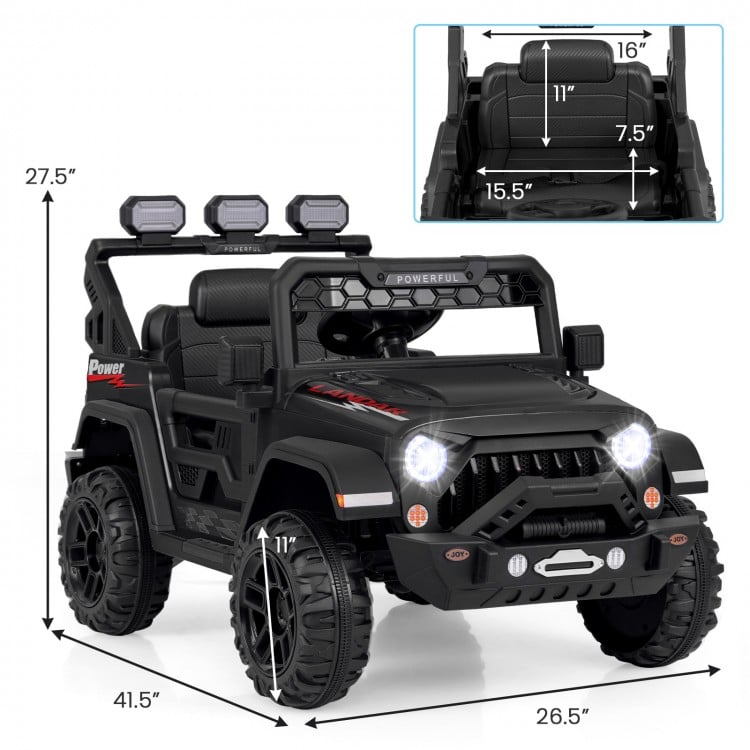 12V electric kids ride-on truck in black with remote control, featuring LED lights and adjustable seat for safe driving.