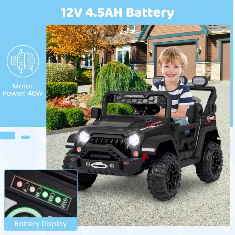Battery display of the 12V electric kids ride-on truck in black, indicating charge levels for convenient recharging.