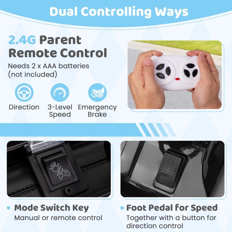 Parent remote control for 12V electric kids ride-on truck, featuring speed settings and emergency brake for safety.