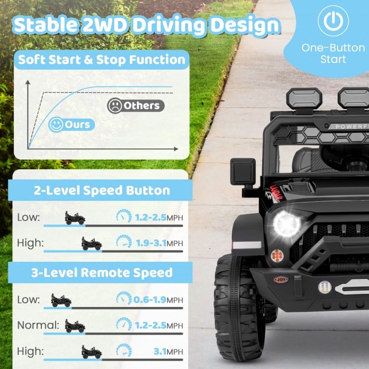 12V electric kids ride-on truck in black, featuring remote control, soft start, and 2-level speed for safe outdoor fun.