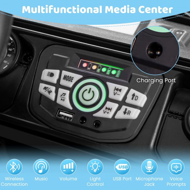 Multifunctional media center of the 12V electric kids ride-on truck with USB port and volume control for entertainment.