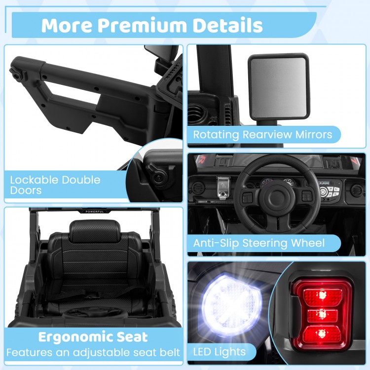 Ergonomic seat with adjustable seat belt in the 12V electric kids ride-on truck, featuring lockable double doors.