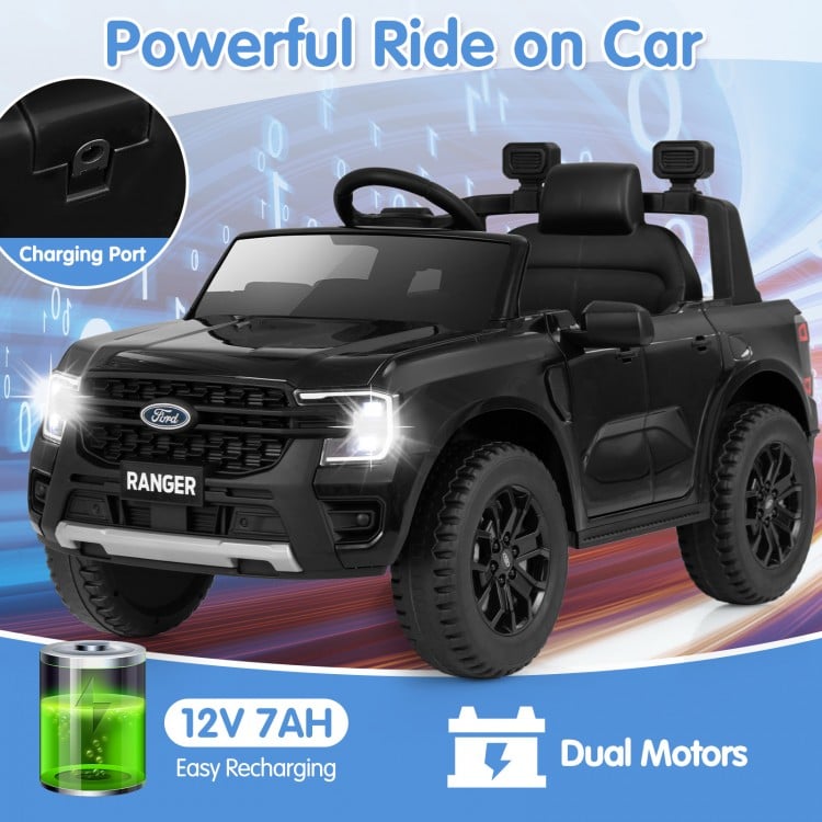 Black 12V electric kids ride on car, licensed Ford Ranger, featuring dual motors, remote control, and LED lights.