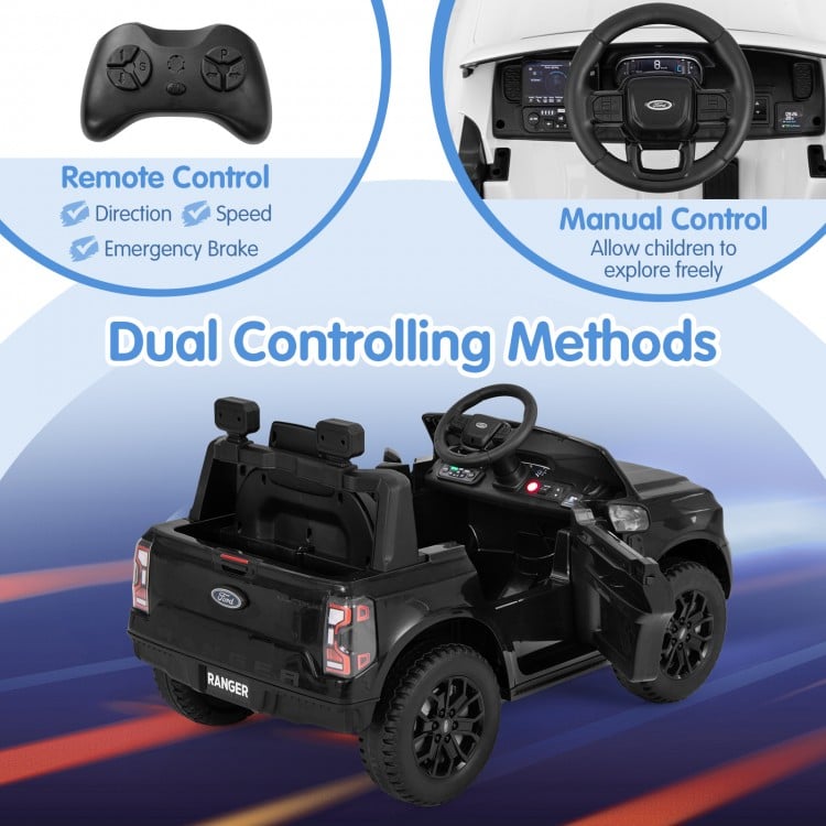 Black 12V Electric Kids Ride on Car Ford Ranger with remote control and manual options for safe, fun driving.