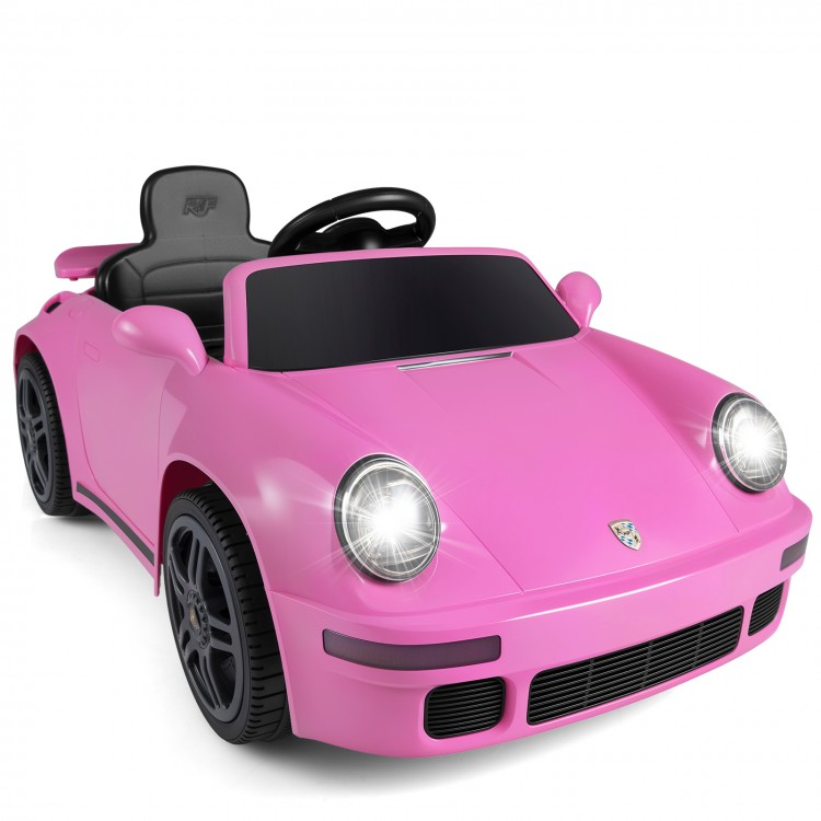 Pink 12V electric ride-on car with remote control, LED headlights, and a stylish design for kids aged 3 and up.