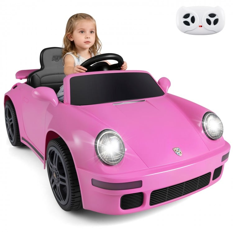 Pink 12V electric ride-on car featuring a wide seat with safety belt and openable doors for secure play for kids aged 3.
