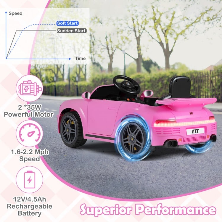 Pink 12V electric ride-on car with dual 35W motors, remote control, and music, ideal for kids aged 3 and up.