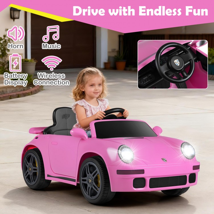Pink 12V electric ride-on car with remote control, music, and LED lights for kids aged 3 and up, featuring a stylish.