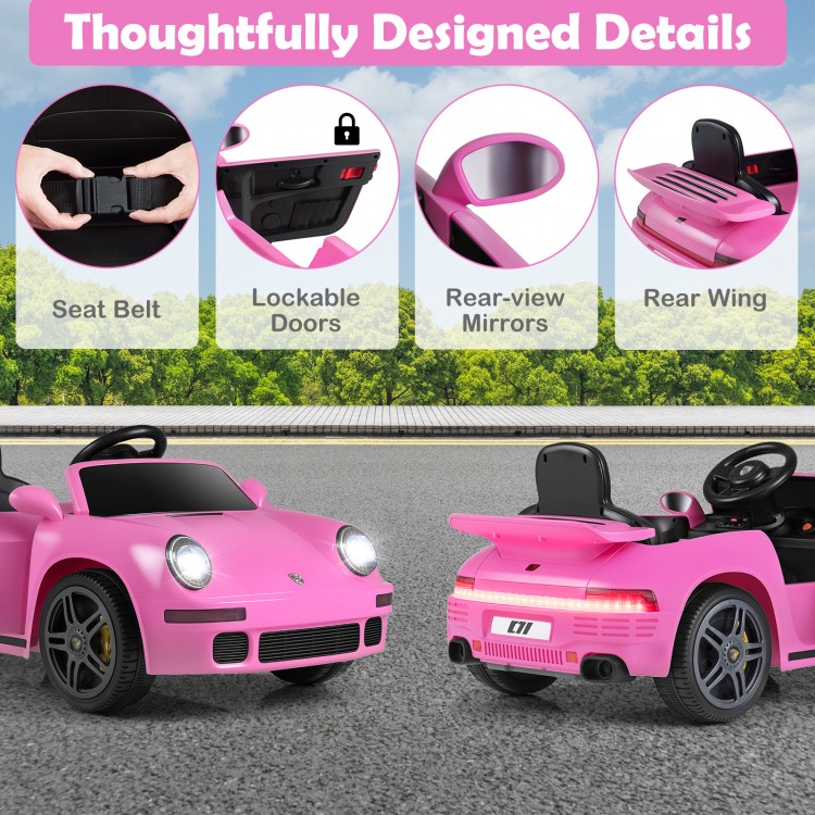 Pink 12V electric ride-on car with rear wing, lockable doors, and detailed design for kids' fun and safety.