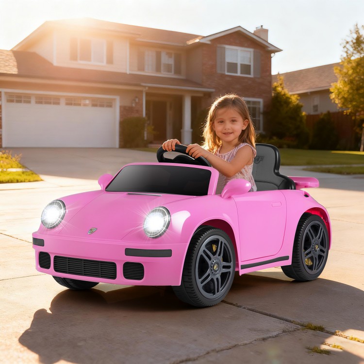 Pink 12V electric ride-on car with remote control, LED headlights, and music, perfect for kids aged 3 and up.