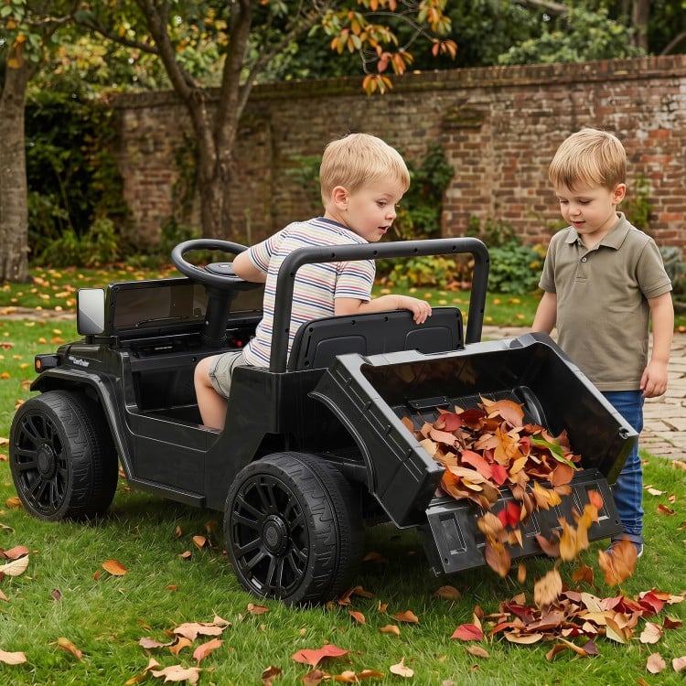 Kids enjoy driving the 12V Electric Ride On Truck with dump bed, featuring a realistic Toyota design and interactive music panel.