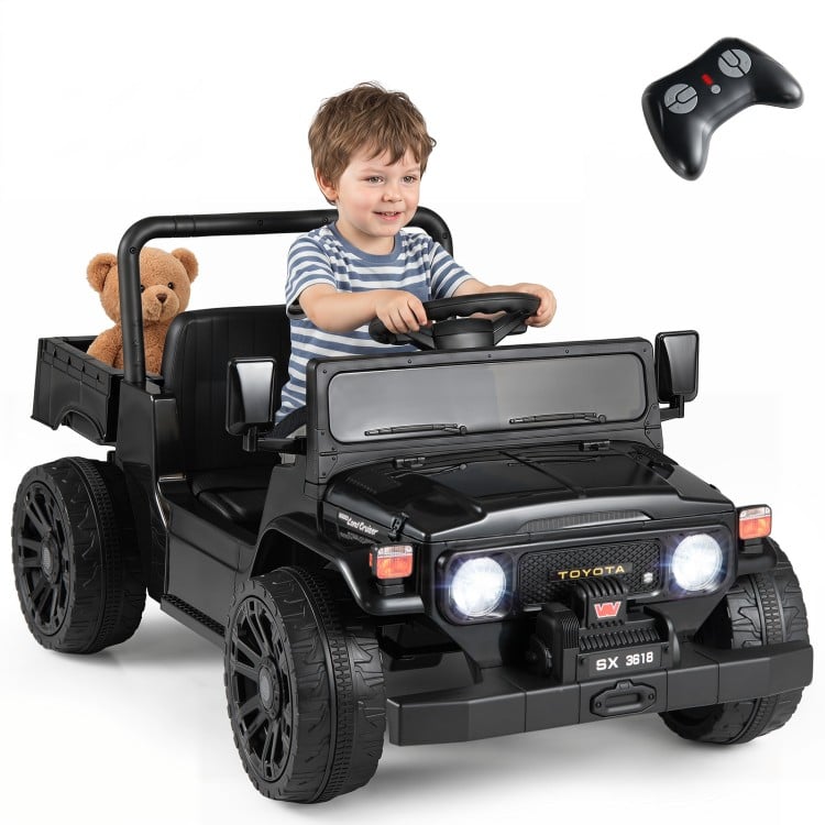 Electric 12V ride-on truck in black with dump bed, remote control, and music features for kids aged 3-6 years.