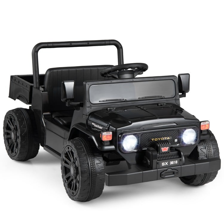12V electric ride-on truck in black with dump bed, music panel, and remote control for kids aged 3-6 years.