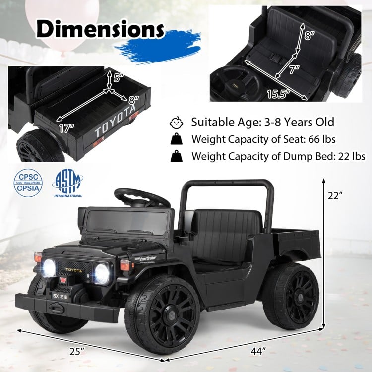 Electric ride-on truck with dump bed, licensed Toyota design, suitable for kids aged 3-8 years, featuring music and remote control.