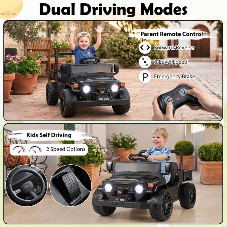 12V Electric Ride On Truck in black features parent remote control, dump bed, and music panel for kids aged 3-6 years.