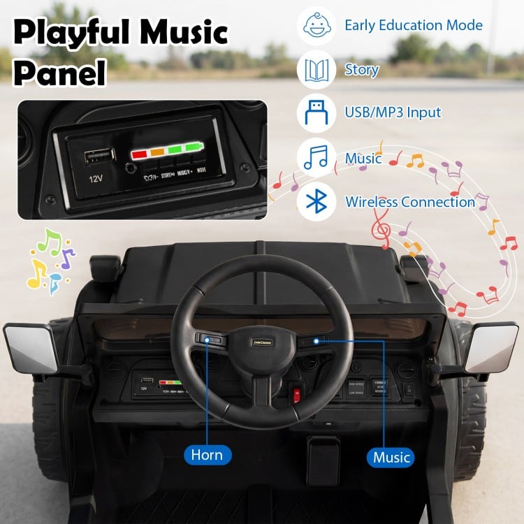 Interactive music panel of the 12V Electric Ride On Truck features USB, MP3, and story modes for kids' entertainment.