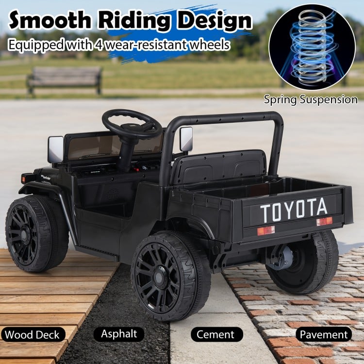 Electric ride-on truck with dump bed, licensed Toyota design, and 4-wheel suspension for smooth driving on various surfaces.