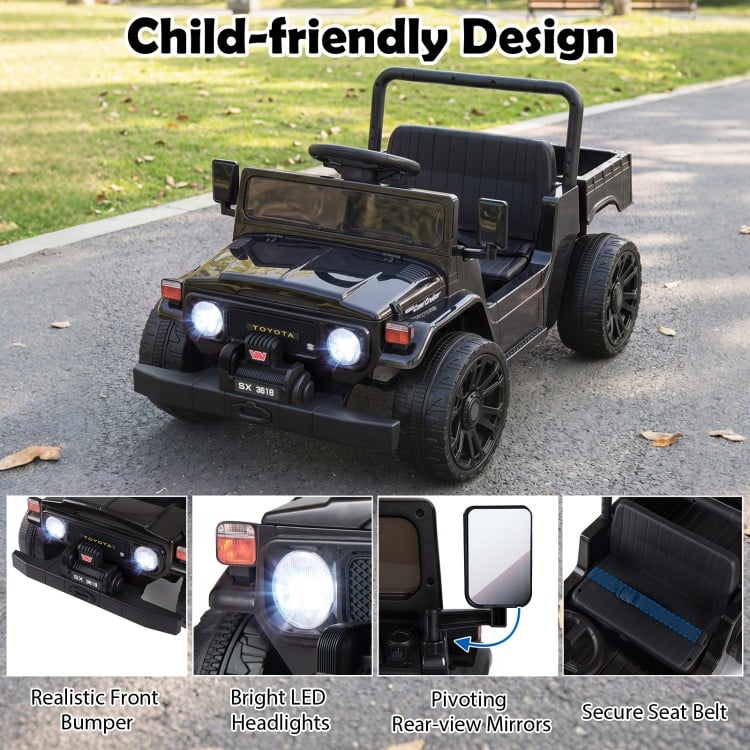 12V Electric Ride On Truck in black features a dump bed, LED headlights, and secure seat belt for kids aged 3-6 years.