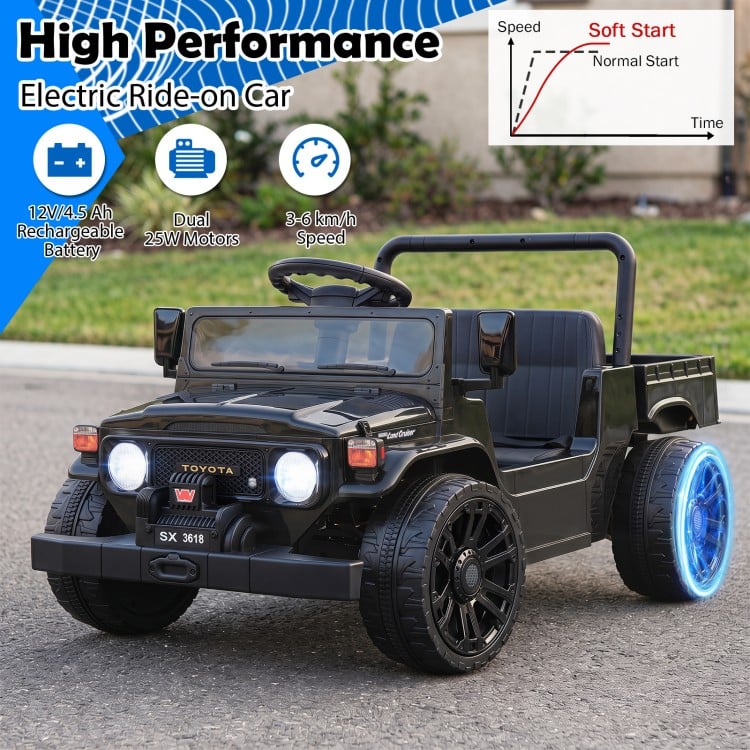 Electric ride-on truck in black with dump bed, music panel, and parent remote control for kids aged 3-6 years.