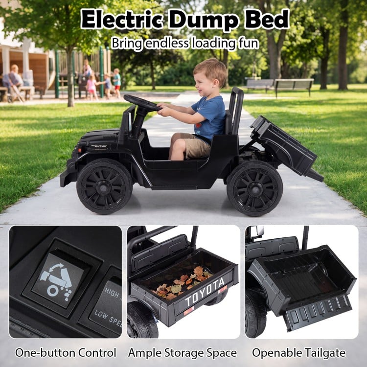 Electric ride-on truck with dump bed, parent remote control, spacious storage, and realistic Toyota styling for kids aged 3-6.