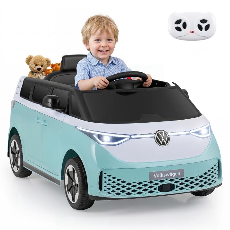 Kids electric Volkswagen car in blue with LED headlights, remote control, and music features for fun outdoor driving.