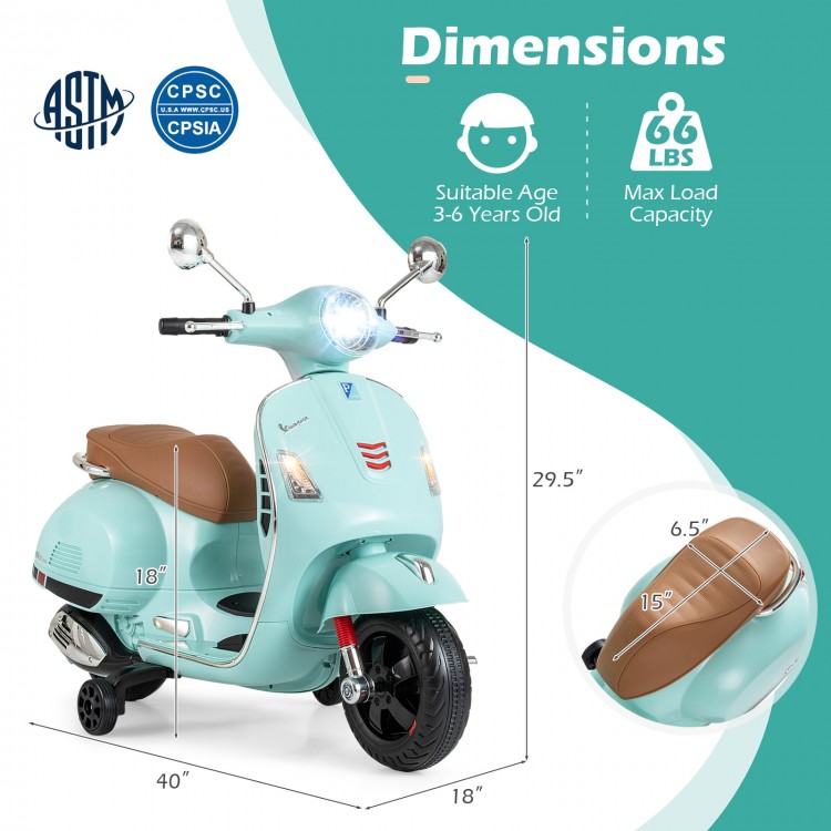 Kids electric motorcycle licensed VESPA in green with training wheels, designed for ages 3-6, featuring music and LED.