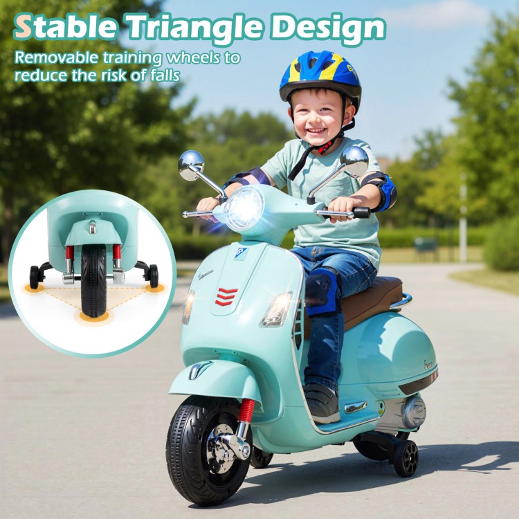 Kids electric motorcycle in green with training wheels, music features, and stable design for safe outdoor fun.