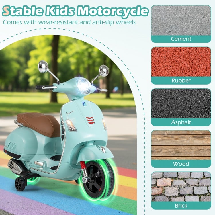 Kids electric motorcycle in green with training wheels, music features, and wear-resistant wheels for safe outdoor fun.