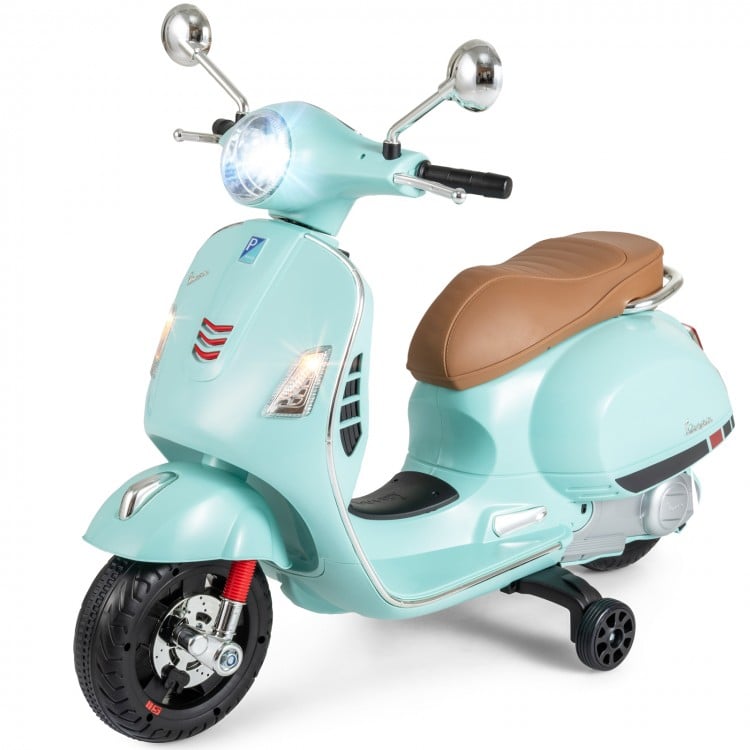 Kids electric VESPA motorcycle in green with training wheels, LED headlights, and music features for fun rides.