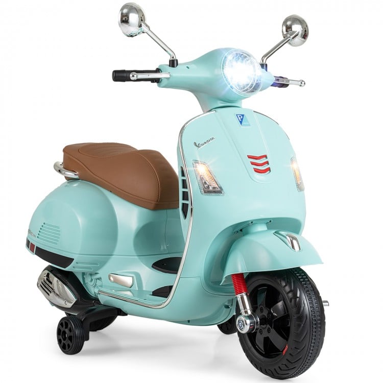 Kids electric motorcycle licensed VESPA in green, featuring removable training wheels and a stylish design for young.