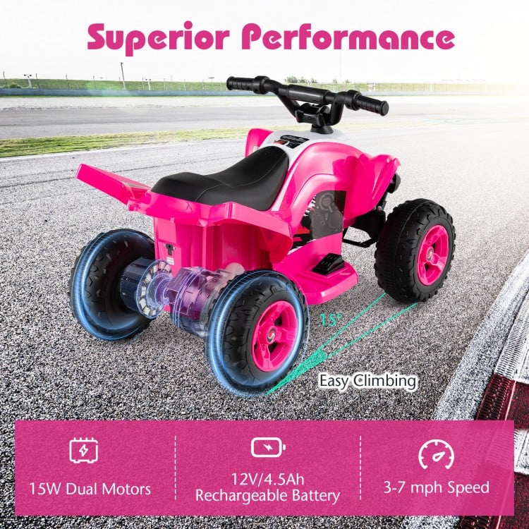 Pink 12V Kids Ride On ATV with dual 15W motors, 3-7 mph speed, and LED lights for safe outdoor fun.
