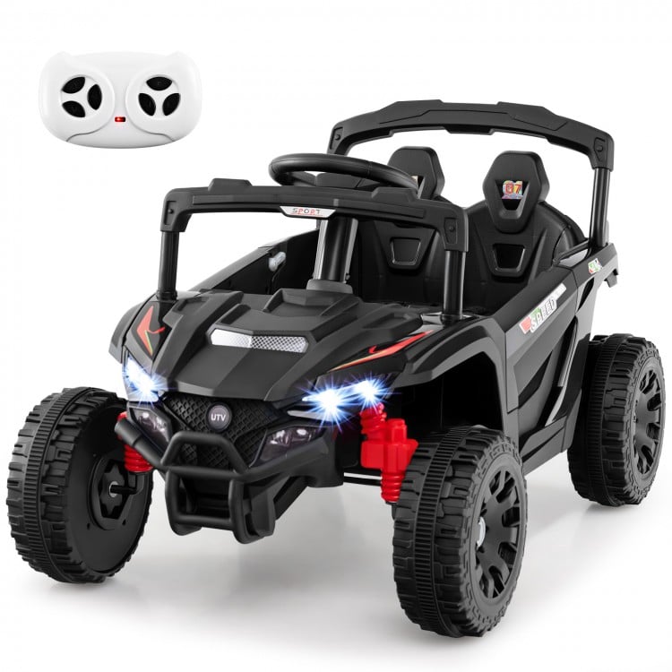 12V kids ride-on UTV electric vehicle in black with LED lights, remote control, and safety features for outdoor fun.