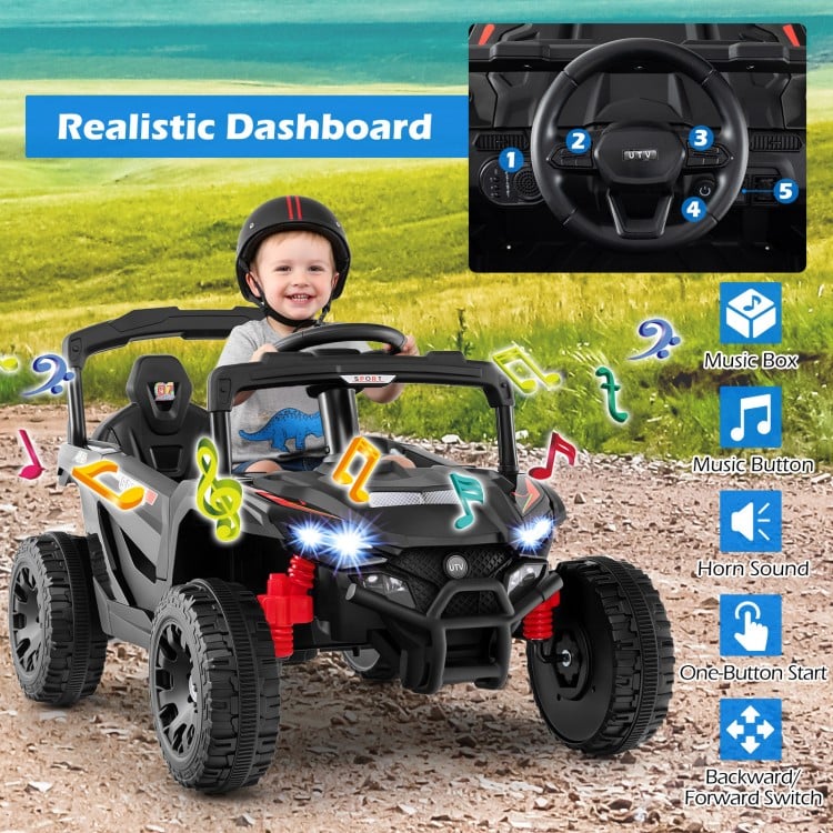 Kids ride-on UTV with realistic dashboard, LED lights, music button, and safety features for outdoor fun.