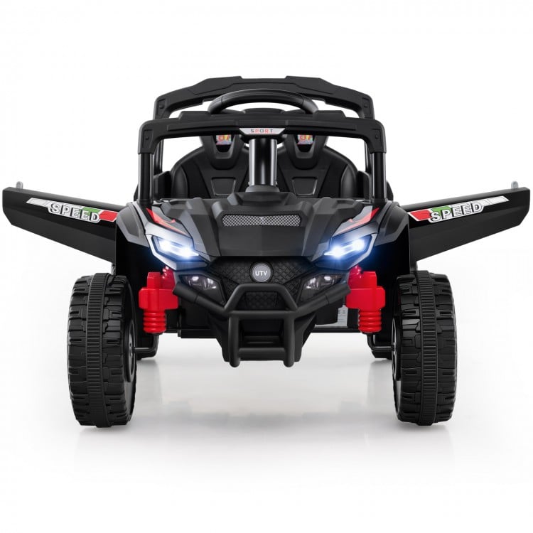 Front view of the 12V kids ride-on UTV in black, showcasing LED headlights and sturdy anti-skid wheels for safe driving.