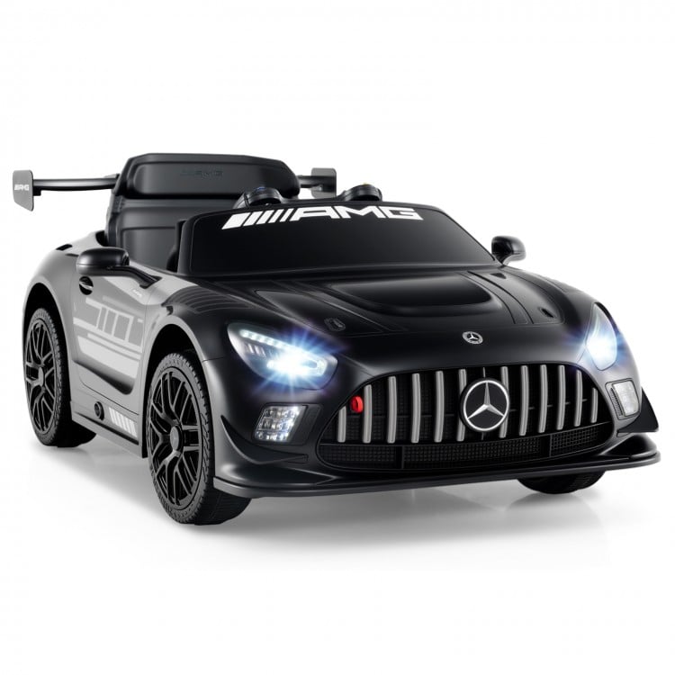 Black 12V kids ride-on car Mercedes-AMG GT3 with LED lights, adjustable speed, and parent remote control for safe.
