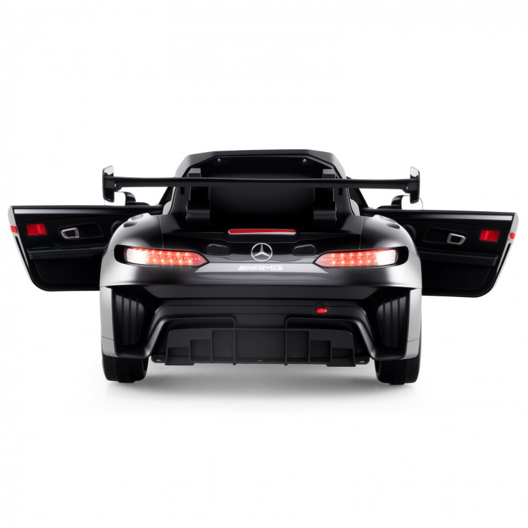Rear view of the 12V Kids Ride-On Car Mercedes-AMG GT3 in black with open doors and LED lights for kids aged 3+.