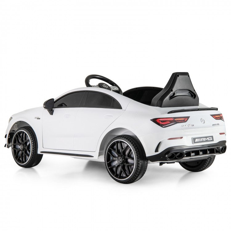 White 12V kids ride-on car Mercedes-Benz AMG CLA 45, featuring remote control, LED lights, and adjustable seat for.